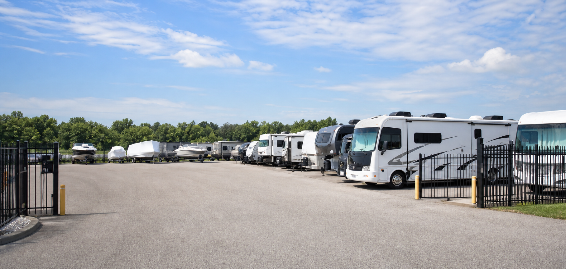 RV storage facility with motorhomes, campers, and trailers parked in secure outdoor spaces